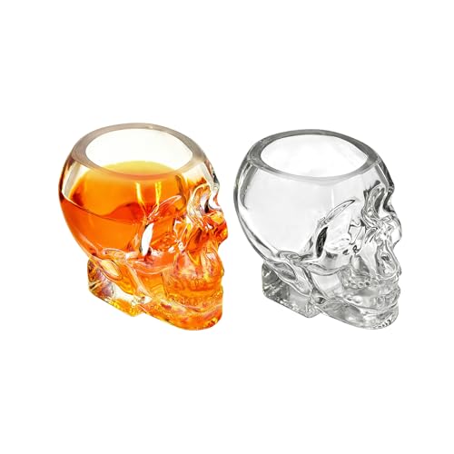 REUJIHXY 2Pcs Skull Shot Glasses Set 3.3 oz Mini Clear Bulk for Wedding Party Whiskey Espresso Water Juice Milk Coffee Drinking Skull Glass Cups For Halloween Theme parties Bars (2 Small)