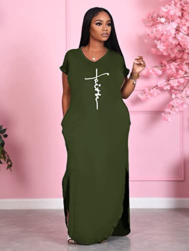 Image of Women Summer V Neck Loose Side Split Maxi Dresses with Pocket