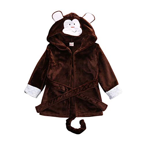 LXXIASHI Unisex Baby Soft Flannel Hooded Bathrobe Robe Sleepwear Unicorn Shower Pajamas Gift for Boys Girls (4-5 Years, Monkey - Dark Brown)