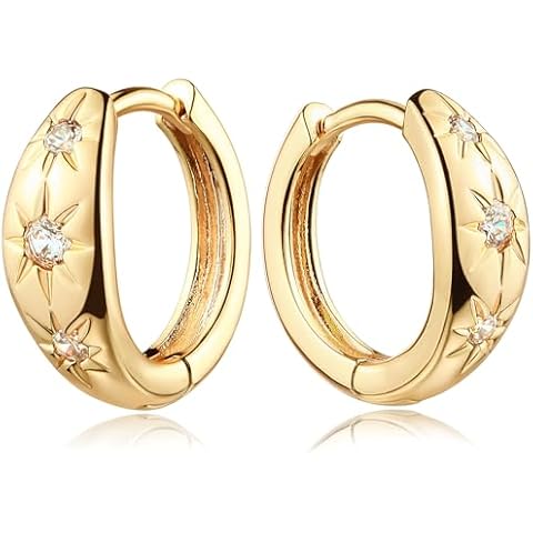MEVECCO Gold Starburst Huggie Hoop Earrings 18K Gold Plated Chunky Dainty Ear Cute Small Sleeper Celestial CZ Mini Starburst Huggie Earring Tiny Minimalist Star Thick Round Hoop Earrings for Women Cover