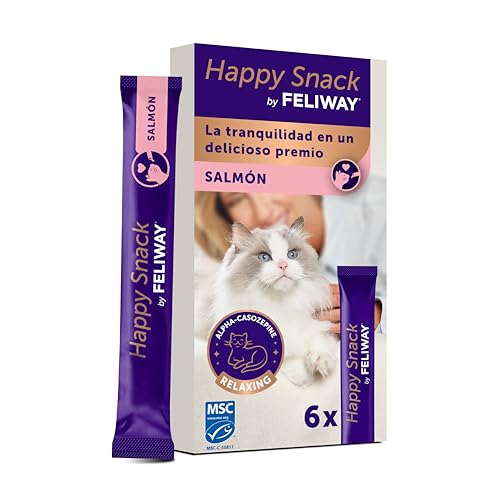 FELIWAY Happy Snack Sabor salmón - Deliciosos y cremosos premios calmantes para Gatos (6 Sobres). Ayuda a los Gatos a sentirse más tranquilos y a Mejorar vuestro vínculo.