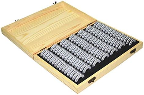 100PCS Coin Holder Case Wooden Coin Storage Box with Round Coin Capsules Plastic Coin Organizer Coin Protection Box for Coin Collectors 18mm/21mm/25mm/27mm/30mm