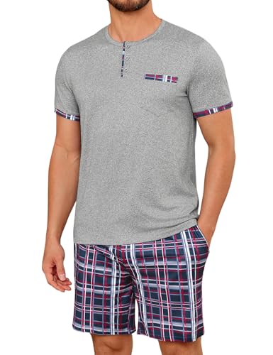 Uniexcosm Pijamas Hombre Verano Corto, Pijamas Cuadros Hombre Pijama Algodón Ropa de Casa Cuello Redondo con Abertura Abotonada Manga Corta con Bolsillos y Pantalón con Bolsillo,Gris,XXL
