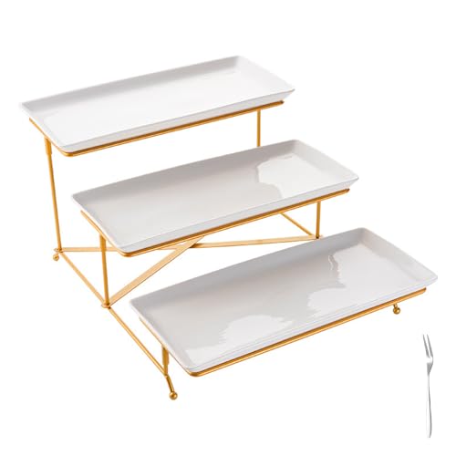 Top G 3 Tier Serving Tray with Stand,Cake Stands Porcelain Tiered Serving Platters Dishes with Collapsible Sturdier Rack, Dessert Display Stand for Party Entertaining, Food Presentation, Gold,12inch