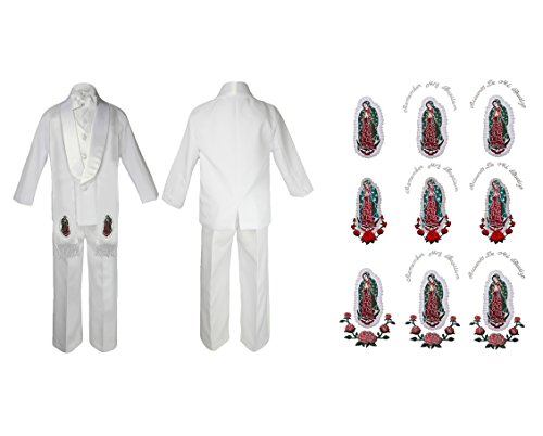Image of Baby Boy Christening White Shawl Lapel Suit Silver Virgin Mary on Stole SM-20