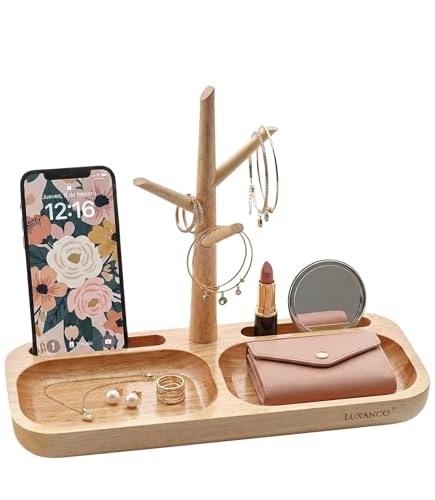 Luxanco Vide Poche en Bois avec Deux Compartiments et Supports pour Smartphones - Plateau Bois Entree Style Nordique - Porte Clef Original Marron