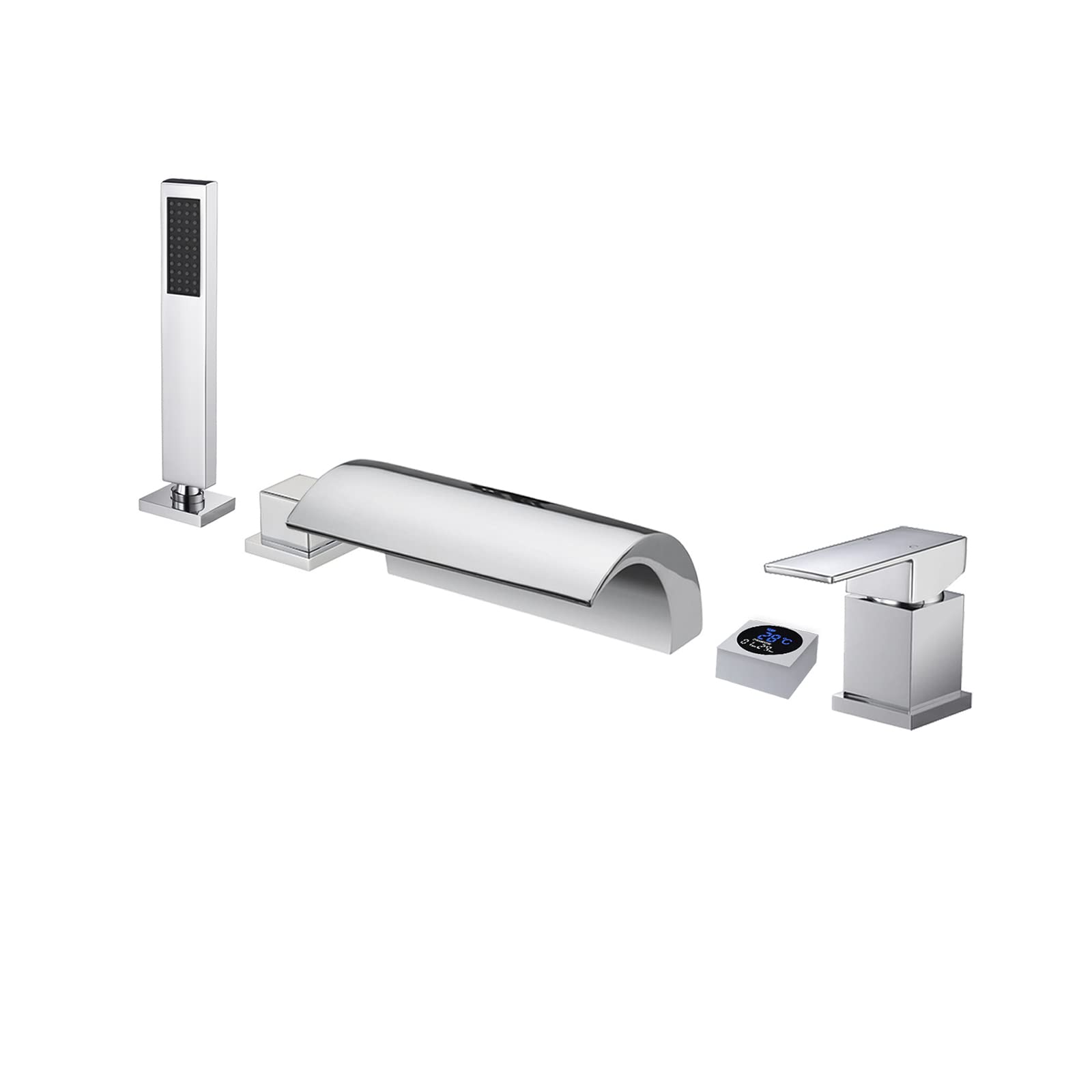 GLJTUO Bathtub Faucet Waterfall Brass Tub Filler Faucet with Digital Display Tub Faucet Deck Mounted 5 Holes Tub Mixer Tap with Handheld Shower, Tub Spout, 59 inches Shower Hose