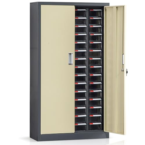 Yolmina Part Storage Cabinet 60 Drawers, Plastic Bolt and Nut Tool Storage Cabinet with Doors and Lock, Equipment Workshop Hardware Organizer for Storage Tool, Metals and Electronic Element