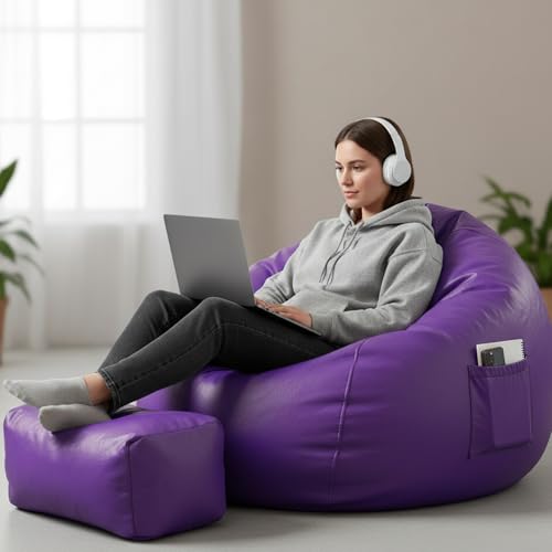 Image of Luxury 5XL Jumbo Bean Bag with Footrest & Cushion | Premium Leatherette | High-Density Beans Filled | Heavy Duty Double Stitch | 6 Months Warranty Color- (Navy Blue) (Purple)
