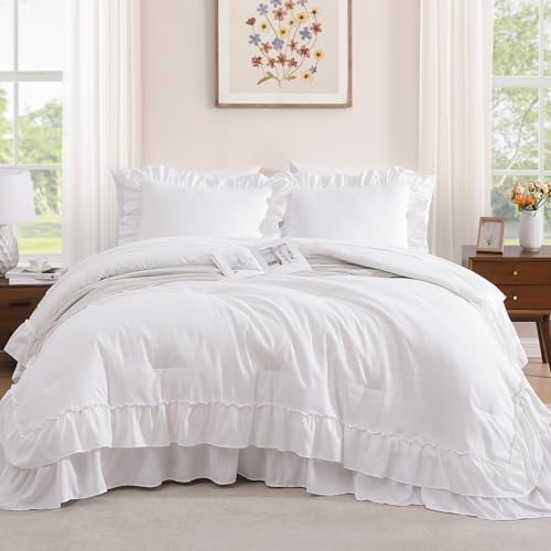 Image of Full Size Comforter Set White Ruffle 7 Pieces Farmhouse Bed in a Bag | Shabby Chic Fluffy All Season Bedding Sets with Sheets, Pillowcases & Shams