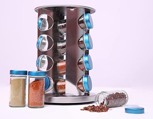 VR7 Spice Rack with 16 Jars for rotating storage rack kitchen, 360° Rotation, Silver Spice organiser herbs and spices set seasoning organizer standing herb storage spice holder