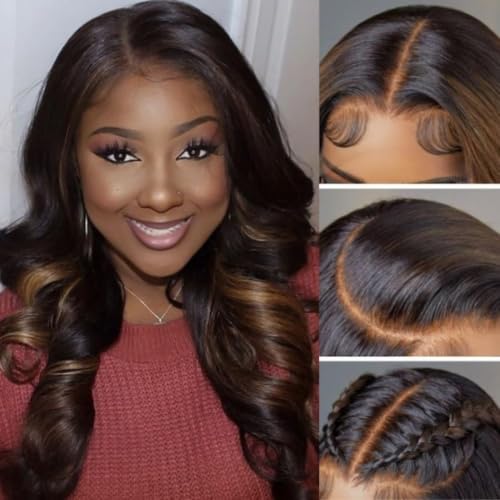 Image of Beauty Forever Bye Bye Knots Wig 7x5 Glueless Lace Black to Chestnut Brown Ombre Loose Wave Wig with Bleached Knots Put on and Go Pre Plucked Pre Cut HD Lace Wig for Women 150% Density 14 Inch