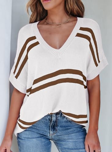 SHEWIN Oversized Sweaters for Women Causal V Neck T Shirts Loose Short Sleeve Sweater Spring Tops2