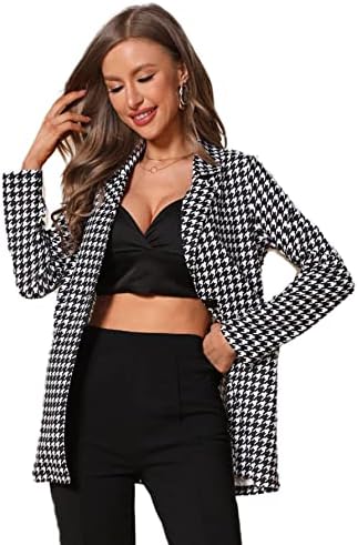 Floerns Women's Casual Work Office Open Front Striped Blazer Black White Houndstooth XL