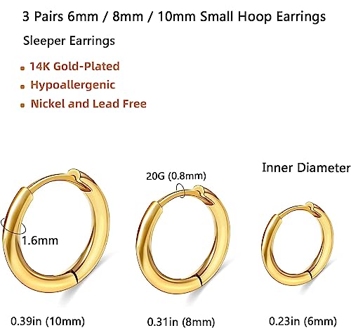 3 Pairs 6/8/10mm Huggie Cartilage Hoops Earrings for Women Men 18K Gold Plated Tiny Cartilage Hoop Earrings,Helix Hoops,Tragus Hoop Earrings,316L Surgical Stainless Steel Hoop Earrings Hypoallergenic for Body Piercing2