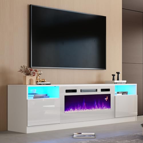 Image of AMERLIFE 80 inch Fireplace TV Stand with 40 inch Electric Fireplace | White, Matte Texture Finish, Modern Entertainment Center, Highlight Storage Cabinet, 12 Colors LED Lights, Fits 90 inch TVs