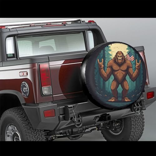 Image of Funny Bigfoot American Flag Spare Tire Cover with Unique Print, Weatherproof Wheel Covers Tire Protector, Universal Fit for Rv, Trailer, SUV, Camper Vehicle