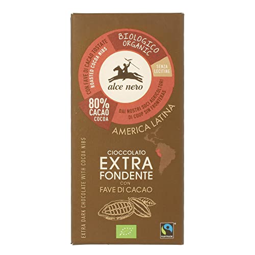 Tableta de chocolate oscuro 80% con pepitas cacao - Alce Nero - 100g