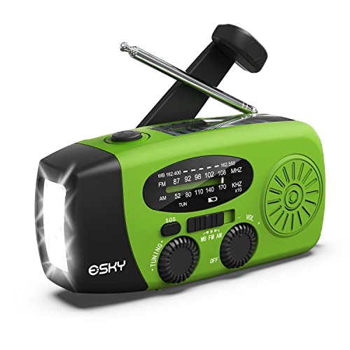 Esky Emergency Hand Crank Radio with 3 LED Flashlight, AM/FM/NOAA Portable Weather Radio with 2000mAh Battery, Solar-Powered USB Rechargeable Radio for Indoor and Outdoor Camping, Green