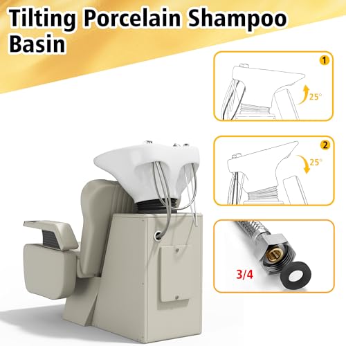 Image of KIGOTY Salon Shampoo Backwash Chair, Shampoo Bowl and Chair Set, Hair Washing Station with Large Adjustable Ceramic Bowl, Shampoo Bowl Sink Chair for Salon (Oatmeal)