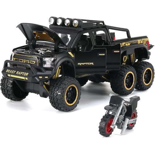 Image of New 1:24 Raptor F150 Diecast Alloy Metal Pull Back Car with Openable Doors Music Sound and Light Vehicle Toy Car for Kids Boys (Blue)