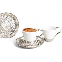 Alisveristime Set of 2 Turkish Coffee Set with Porcelain Cups, Zamac Holders & Saucers Selcuklu Ottoman Design, 80ml Capacity Silver