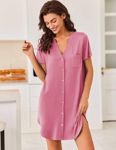 Image of Ekouaer Women V Neck Button Down Nightgown