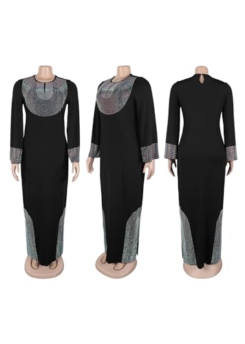 Image of Famnbro Womens Plus Size Maxi Dress Rhinestone Long Sleeve Loose Side Slit Casual African Dresses
