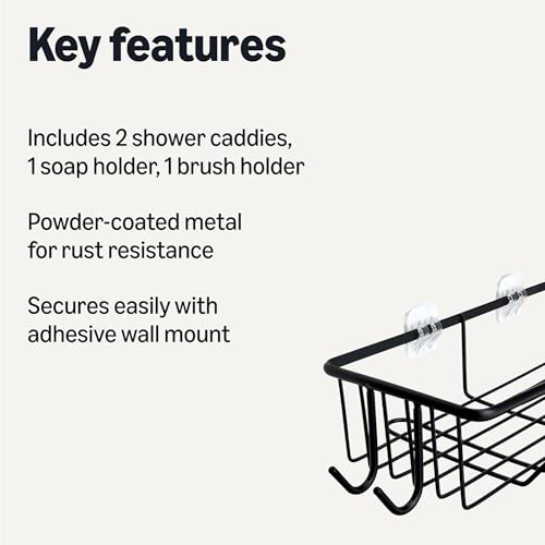 Amazon Basics Shower Shelves Organizer,5-Piece Stainless Steel Caddy Set with Soap Holder and Brush Holder, Adhesive Mount, Black - image 2