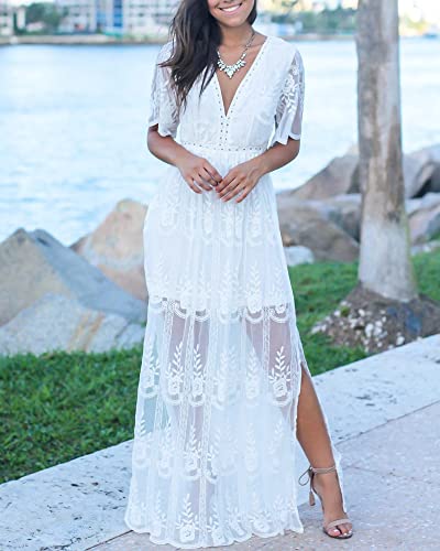 LRISES Womens V Neck Floral Embroidered Lace Wedding Maxi Dress Boho Short Sleeve Slit Bridesmaid Evening Party Dresses3