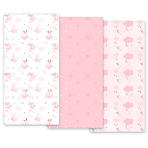 Image of 3-Pack Baby Fitted Crib Sheets for Girls，Standard Crib and Toddler Mattress，Soft Breathable Microfiber Jersey Knit Crib Bed Sheets