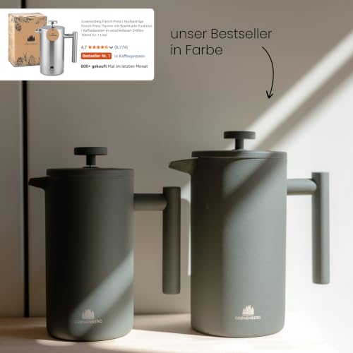 Groenenberg French Press Forest (grün) 600 ml o. 1 Liter I Hochwertige Kaffeepresse mit Thermo Warmhalte-Funktion I Edelstahl Kaffeebereiter – Ansicht 2