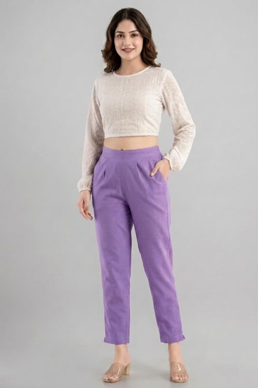 Image of Solid Cotton Woman Trousers Pants Regular Fit Kurti Pant with Drawstring Daily Office Formal Casual Use
