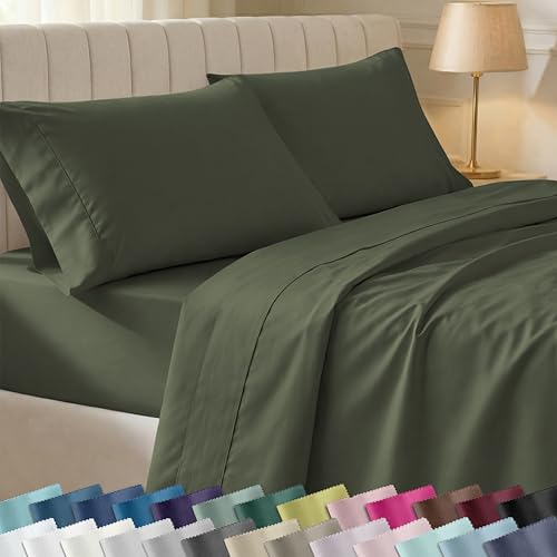 Image of California King Sheet Sets - Soft 400 Thread Count Sateen, Natural 100% Cotton Bed Sheets California King Size Set, Deep Pockets, All Around Elastic, Durable Bedding - Forest Green