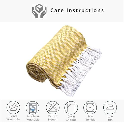 Image of Chevron 78x60 Inch Reversible Cotton Throw Blanket with Tassels| Blanket for Living Room, Sofa, Bed, Chair, Picnic & Used for Gift | Yellow Narrow Chevron, Size - 200x150 Cm