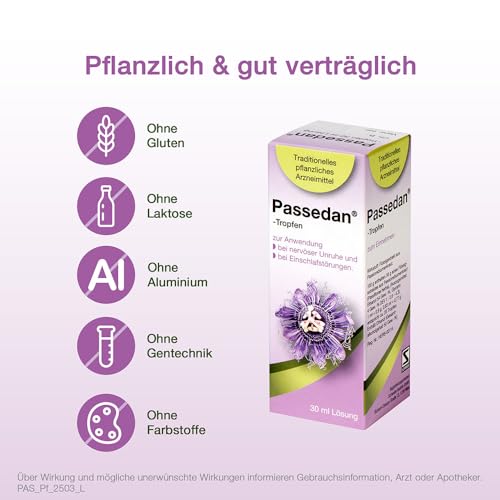 Passedan Tropfen 30 ml - bei nervöser Unruhe und Einschlafstörungen - Tag und Nacht anwendbar - pflanzliches Arzneimittel mit Passionsblumenkraut für innere Ruhe und leichteres Einschlafen