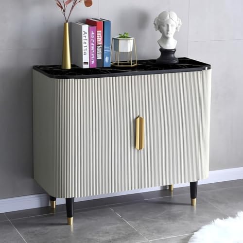Image of Boston Console Table, Black Marble Top, Charcoal Louvers, Golden Accents, 36x15x30 Inch, Waterproof Plywood, 3-Shelf Storage Cabinet, Elegant Entryway or Living Room Display Table