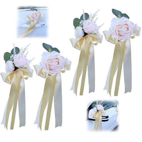 Ziyero 4 Piezas Arcos del Coche de la Boda de Flores Artificiales Decoración del Coche Espejo Retrovisor Manija de la Puerta de la Decoración de la Flor de Boda Arcos para la Fiesta de Bodas Amarillo