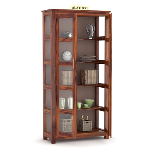 Image of Wood Book Shelf with Acrylic Glass Door, Wooden BookCases for Home Library, Crockery Units, Kitchen Cabinet, Study Room, Shelves, Home & Office, Honey Finish