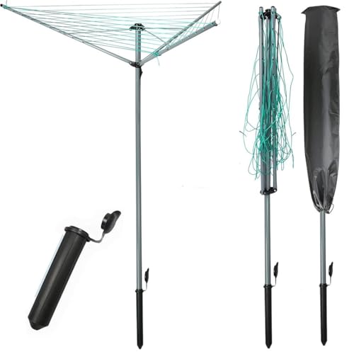 Siam Express 3 Arm 30m Rotary Steel Laundry Airer, Outdoor Clothes Drying Rack, Folding Washing Line, INCL. Cover, Ground Socket & Peg Bag, 360 Degree Rotary, Weatherproof, Height 1.75m