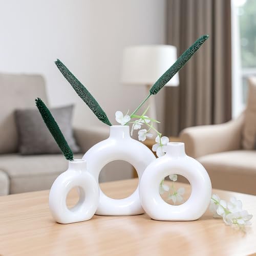 Image of Modern Ceramic Ring Vase with Pink Floral Stems, White, Decorative Flower Holder for Home (6 x 6.5 5 x 5 4 x 4.5)