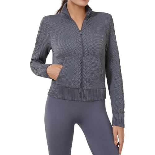 Image of Women's Cardigan Jackets Cropped Lightweight Fall Open Front, Long Sleeve Knit Zip Up Sportswear Slim Fit Workout Tops