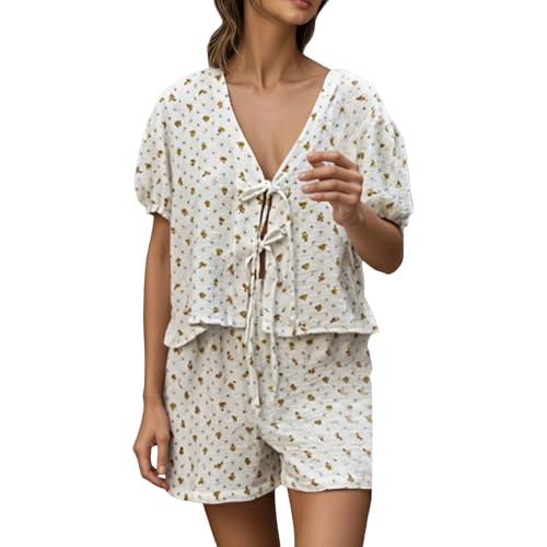 Pyjama d'été femme avec short pointelle F428 : ensemble de nuit coton léger
