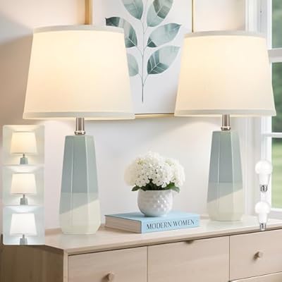 GyroVu 3 Color Temperature Adjustable Table Lamp, Ceramic Lamp Set of 2, Bedside Lamps with Rotary Swtich, Nightstand Lamp for Living Room Bedroom Office, Bulbs Included-Grayish Blue