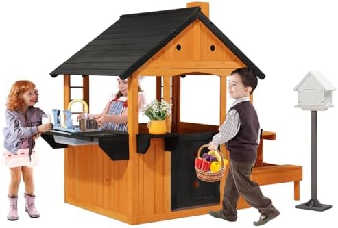 JOYMOR Kids Wooden Playhouse for Outdoor, Cottage with Sink, Picnic Table, Mailbox, Flowerpot Holders, Age 3-8 (Light Brown)
