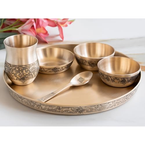 Image of Indian Art Villa Bronze 6 Pcs Thali Set with Matt Embossed Design, Traditional Bronze Dinner Thali for Indian Meals, Festive Dining & Heritage Gifting, 11.5 Inch