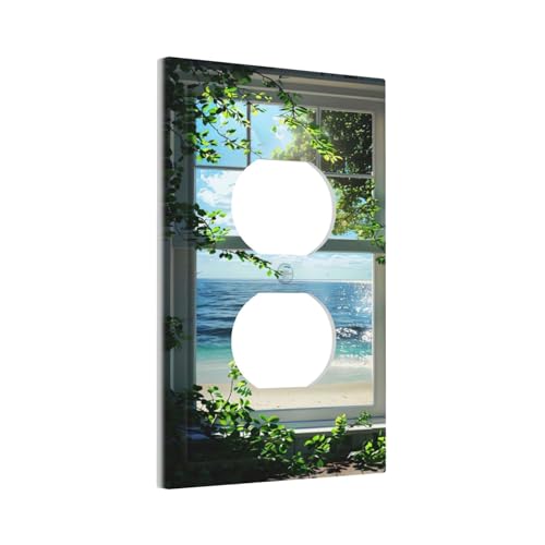 Decorative Outlet Covers Window Beach Seascape View Green Leaves 1 Gang Duplex Light Switch Cover Plate Wall Plates for Electrical Outlets Switchplate Faceplate for Bedroom Home Decor