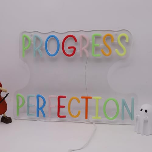 Image of Progress Over Perfection Neon Sign for Classroom, Motivational LED Speech Therapy Decor Neon Letters Light for Office, Home Gym, Gift for Students,Teachers