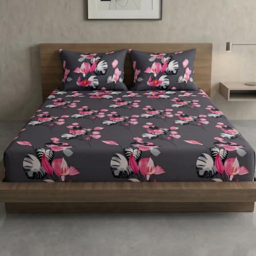 Image of Home Sizzler Microfibre 210TC Dark Grey Floral Elastic Fitted Double (72 X 78) Bedsheet with 2 Pillow Covers