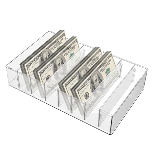 Acryl Bargeld Organizer 8 Fächer Transparent Abnehmbares Geldfach Budget Tablett Geld Organizer Geldschein Aufbewahrungsbox für Umschläge 26x18x5,5 cm